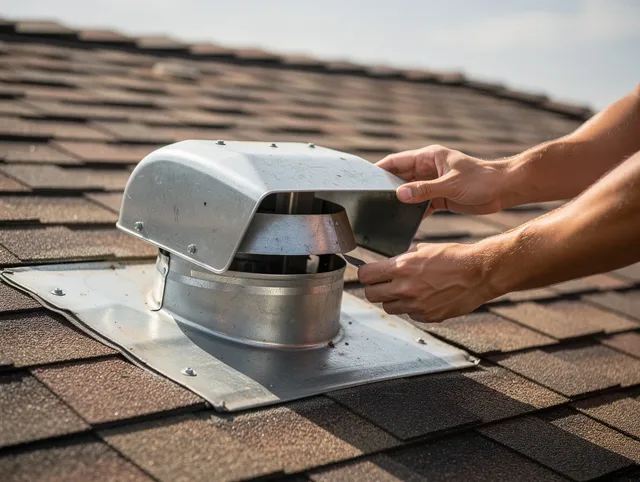Derby Dryer Vent Cleaning certified technician safely cleaning a roof-mounted dryer vent in Derby