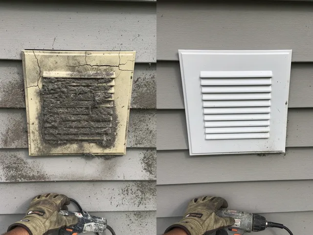 Derby Dryer Vent Cleaning technician installing high-quality dryer vent cover at a residential property in Derby