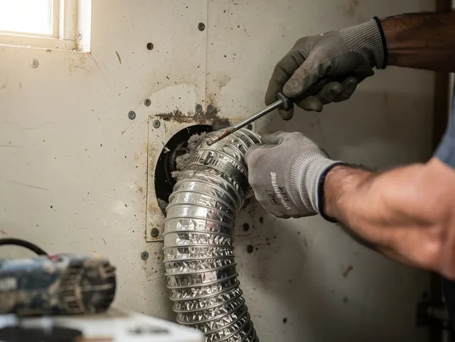 Derby Dryer Vent Cleaning technician performing precise dryer vent hose installation in Derby